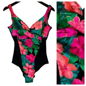 Vtg Slim Suit Swimsuit One Pc. 12 Large Pink Floral Tropical Black Pink Slimming